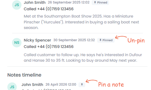 Illustration depicting Stantia CRM's pinned notes feature