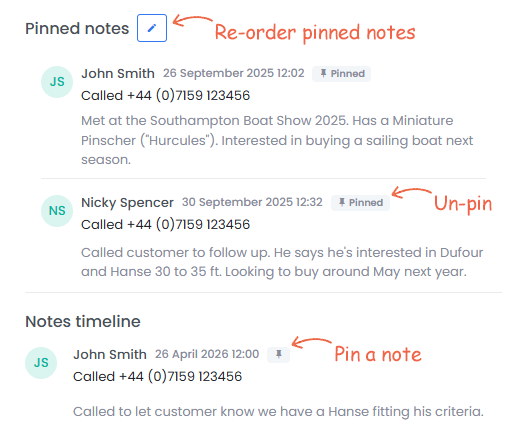 A screenshot showing the pinned notes feature